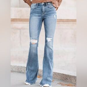 Classic Blue Distressed Flare Jeans